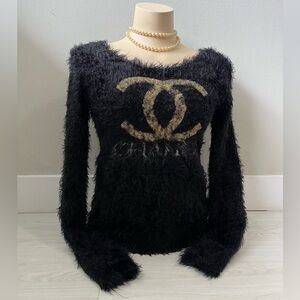 CHANEL Black Fuzzy Off the shoulder Sweater with Gold Emblem